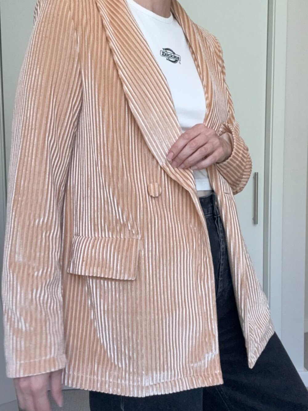 Nasty Gal Say It Blush/Cream Ribbed Stripe Velvet Blazer